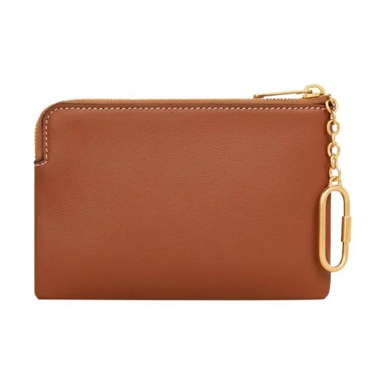 CELINE Celine Arc de Triomphe Large Logo Embossed Zipper Closure Smooth Leather Coin Purse Card Holder Wallet for Women Tan
