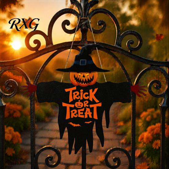 Trick or Treat Door Decor Halloween Wooden Hanging Sign, Scarecrow Pumpkin Wizard Ornament, Sign Plaque, Rustic Party Wall Hanger, Spooky Gift Themed