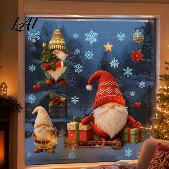 Reusable Static Decals Christmas Gnome Window Cling Waterproof Snowflake Glass Decal PVC Faceless Dwarf Sticker for Holiday Decoration Festive