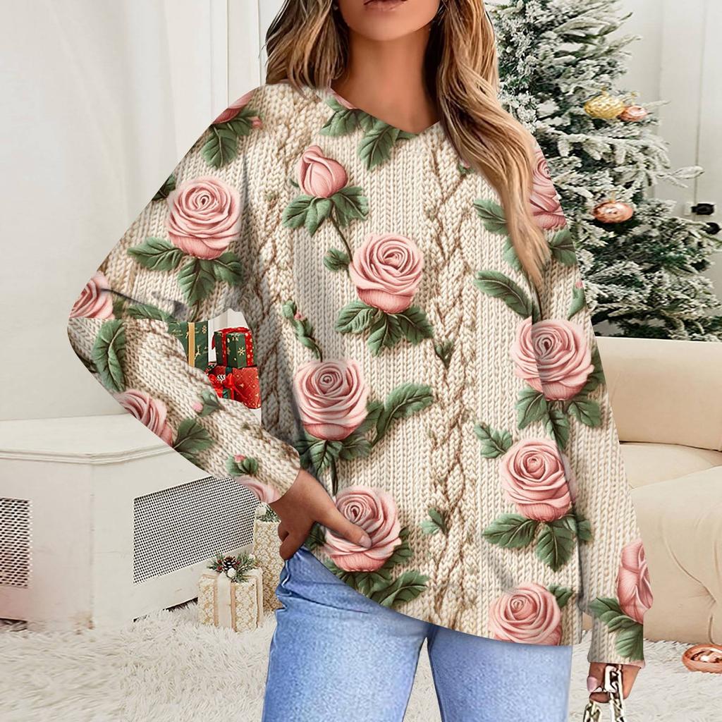 Женская повседневная свободная толстовка с цветочным принтом в полоску и градиентом, с круглым вырезом и длинными рукавами