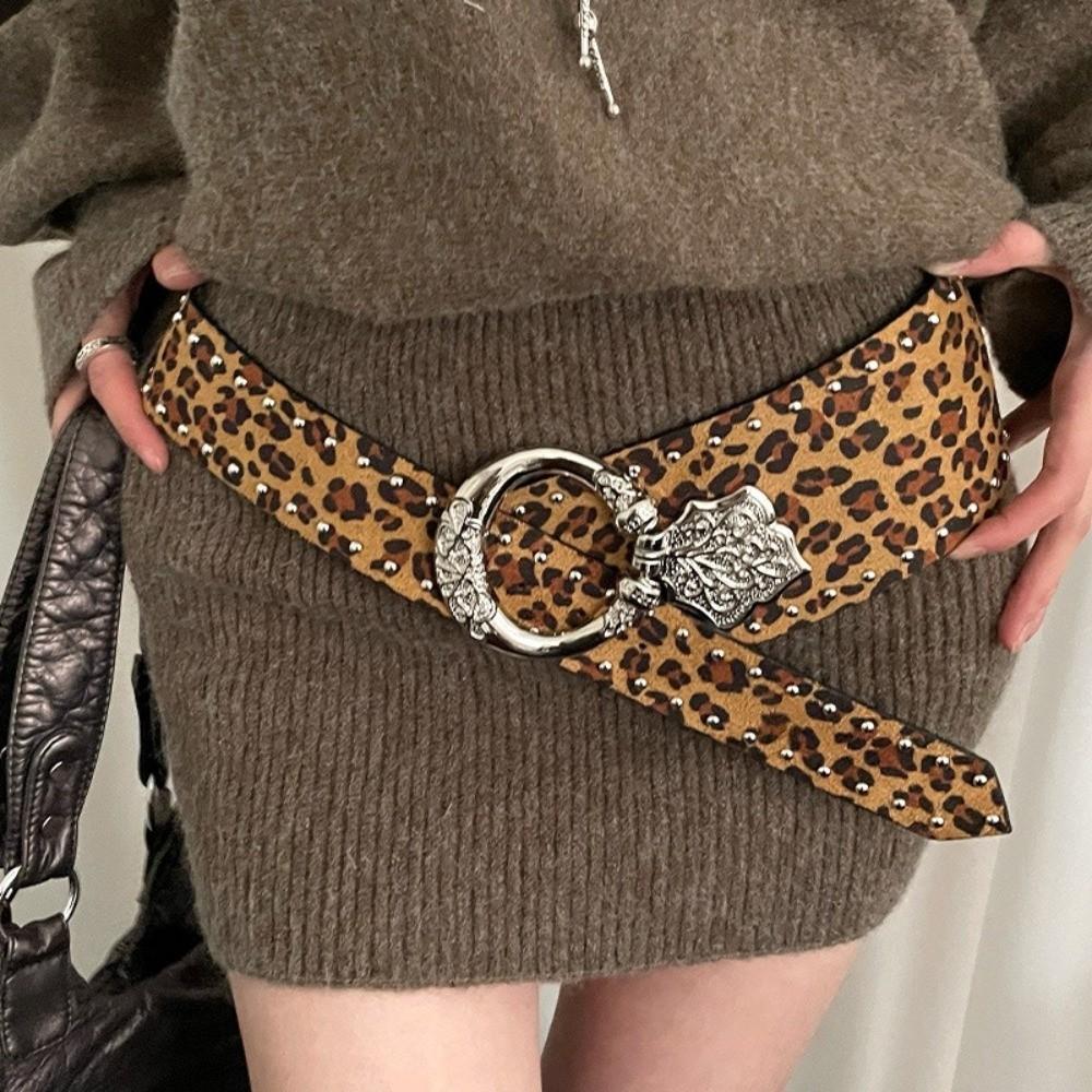 Retro Wide Belt Metal Pin Buckle Waist Strap New Leopard Print Belt Women