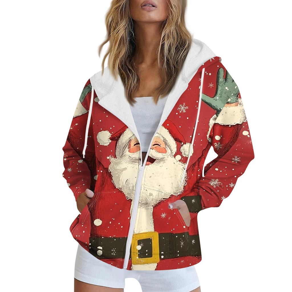 Women's Christmas Printed Sweatshirt Winter Long Sleeve Cardigan Jacket With Pockets Zipper Hoodie Outerwear