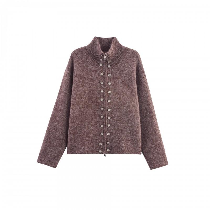 French Vintage Knit Cardigan Casual Zip Front Button Detail Loose Fit 2025