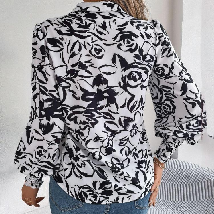 Элегантная женская блузка с цветочным принтом, V-образным вырезом и длинными рукавами для весенне-осеннего сезона