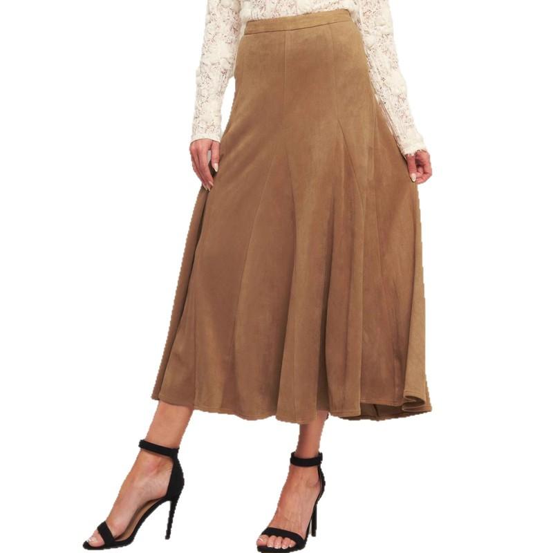 Chic Suede Midi Skirt High Waist A-Line Slim Fit Solid Color Fall Daily Dating