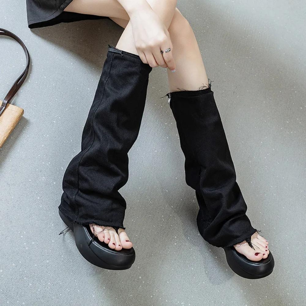 Womens Boots Summer Fashion Pinch Toe Thick Sole Denim Pants Boots for Women Open Toe High Boots Ladies Shoes Botas De Mujer