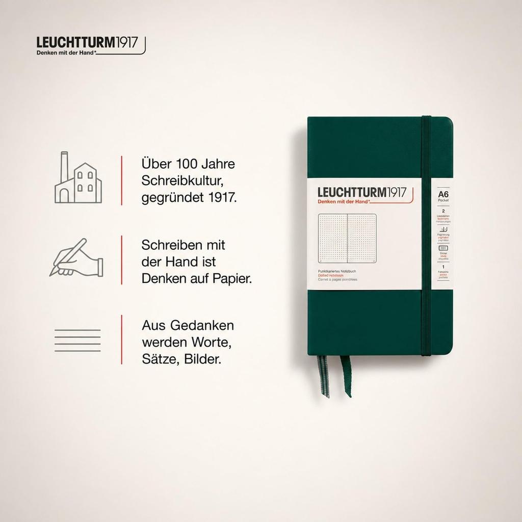 LEUCHTTURM1917 Pocket A6 Dotted Notebook Forest Green Hardcover Journal for Writing and Planning, 80g/m² Paper 370298