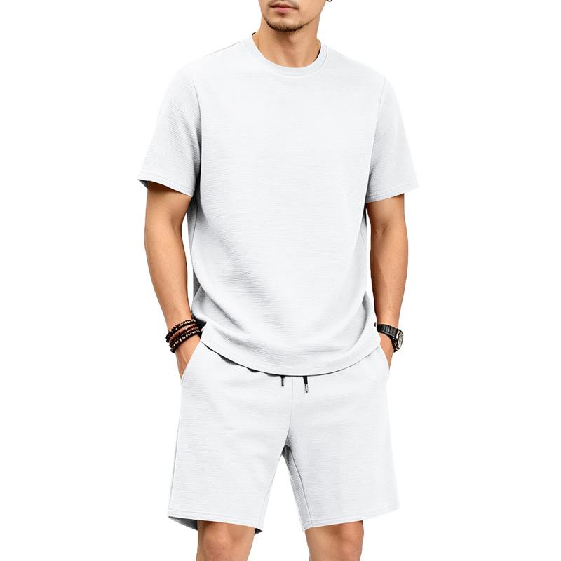 Men Casual Loose Textured Short Sleeve T Shirt And Shorts Two Piece Set
