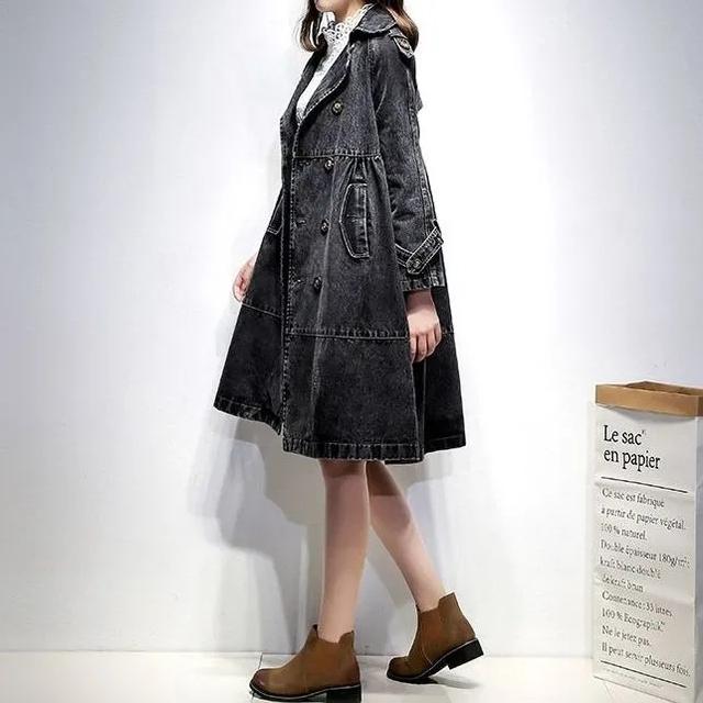 Весенне-осенняя женская джинсовая ветровка, повседневная свободная двухрядная куртка средней и длинной длины, модная версия джинсового плаща