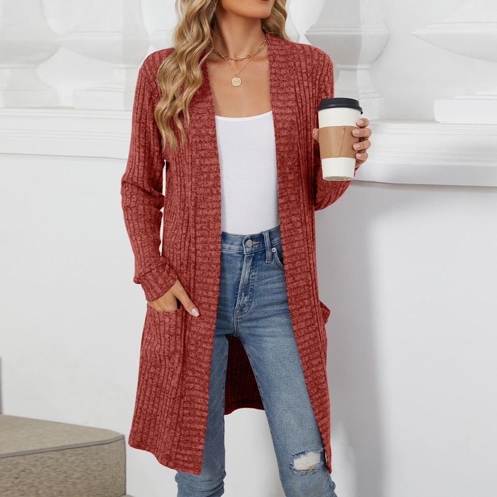 Женский повседневный и модный однотонный кардиган с длинным рукавом и карманами