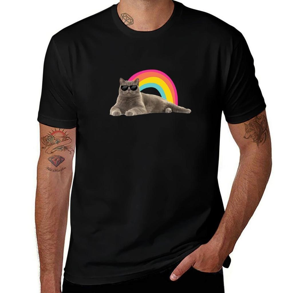 Rainbow Cool British Short Hair Funny Cat TShirt Functional Casual Short Sleeve Tee