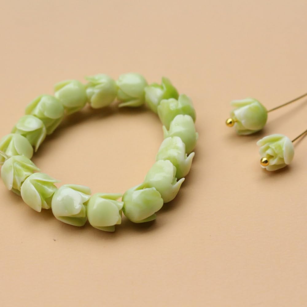 pumpie 100pcs 7mm Synthetic Coral Tulip Flower Beads Light Green Color for Bracelets Necklace Earring Jewelry Making Charms Art Craft DIY,