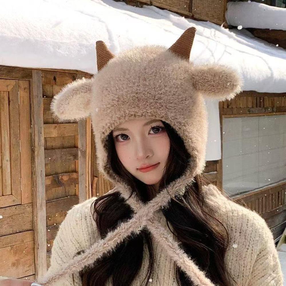 Fleece Lined Knitted Hat Korean Style Pullover Hat Cute Sheep Horn Hat Daily Outing