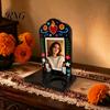 Memorial Desk Ornament for Loved Ones Day of The Dead Photo Frame with Candle Holder, Wooden Mexican Exotic Floral Pattern Keepsake Sugar Skull