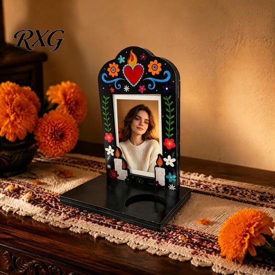 Memorial Desk Ornament for Loved Ones Day of The Dead Photo Frame with Candle Holder, Wooden Mexican Exotic Floral Pattern Keepsake Sugar Skull