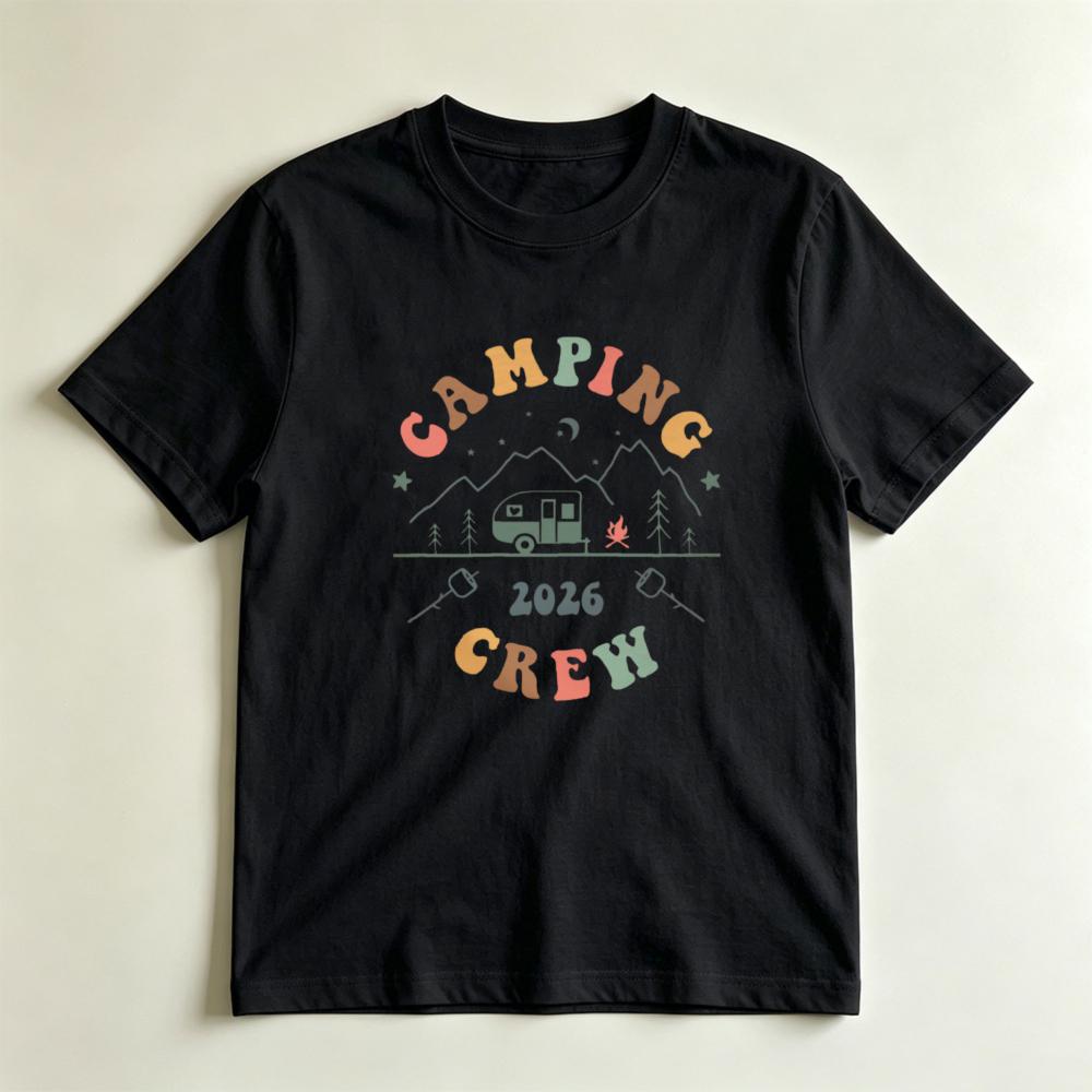 2026 Camping Crew Retro Rainbow Graphic TShirt Vintage Mountain Camper Tee Family Group Camping Trip Matching Casual Shirt