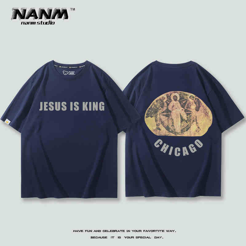 2024 New Fashion KANYE with Short Sleeve T-shirt Boys Kanye Music Festival Three Gods Religious Oil Loose Hip Hop Half Sleeve