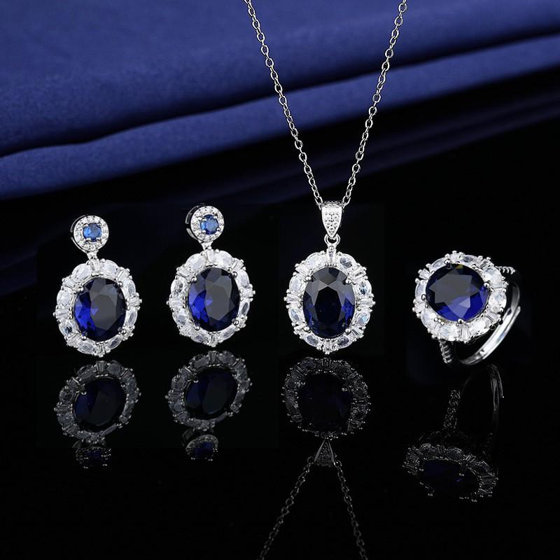 Elegant CZ Gemstone Pendant Necklace Set With Earrings Ring Women Blue Red Yellow Green Purple White Zircon Jewelry