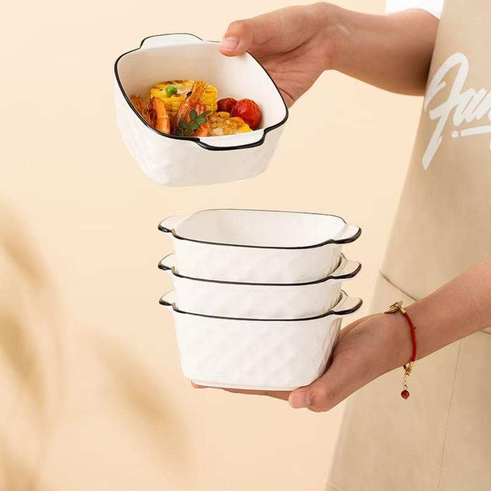 4PCS with Handle Ceramic Baking Bowl Heat-resistant Rice Bowl Fruit Bowl Air Fryer