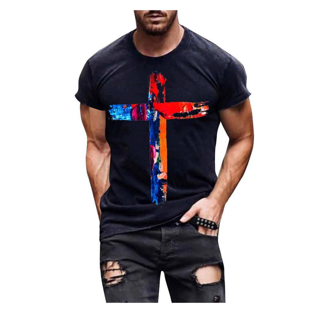 Men's Street Fashion Casual Cross Print Round Neck Short Sleeve