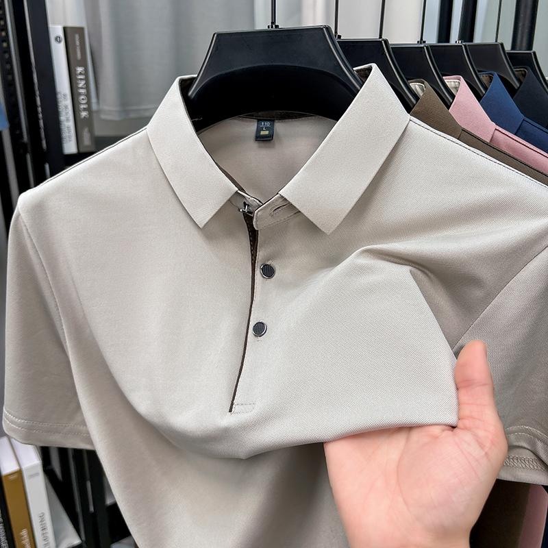 Luxury ice silk short sleeve polo shirt men summer breathable casual lapel T-shirt high-quality solid color Korean trendy top