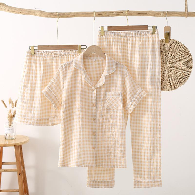 Couple pure cotton gauze summer women's short-sleeved pajamas Japanese simple plaid thin three-piece loungewear set