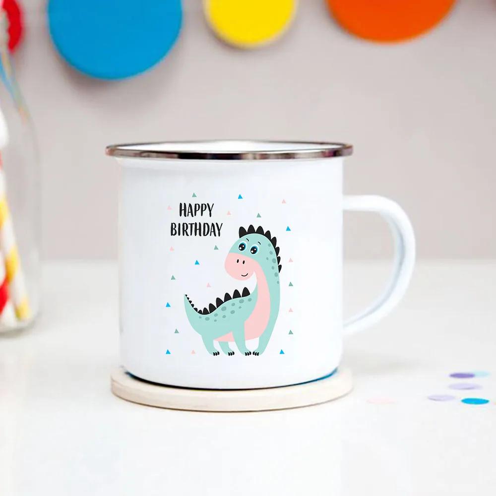 Happy Birthday Boys Girls Enamel Cocoa Mugs Home Party Cartoon Dinosaur Kids Drink Juice Cola Milk Cups Child Baby Birthday Gift