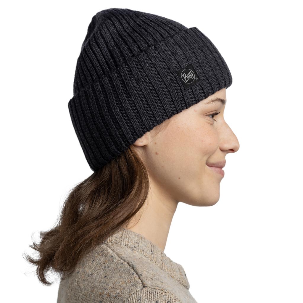 Buff Knitted Erviny Beanie, Unisex black Cap