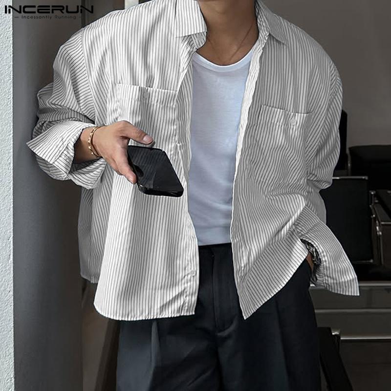 INCERUN Spring Men Lapel Long Sleeve Striped Shirts Casual Baggy Tops