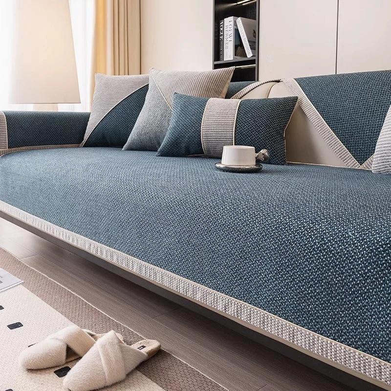 1pc Cotton Line Sofa Cover Solid Color Non-slip Couch Cushion Four Seasons Universal Sofa Mat Simple Sofa Slipcover Living Room