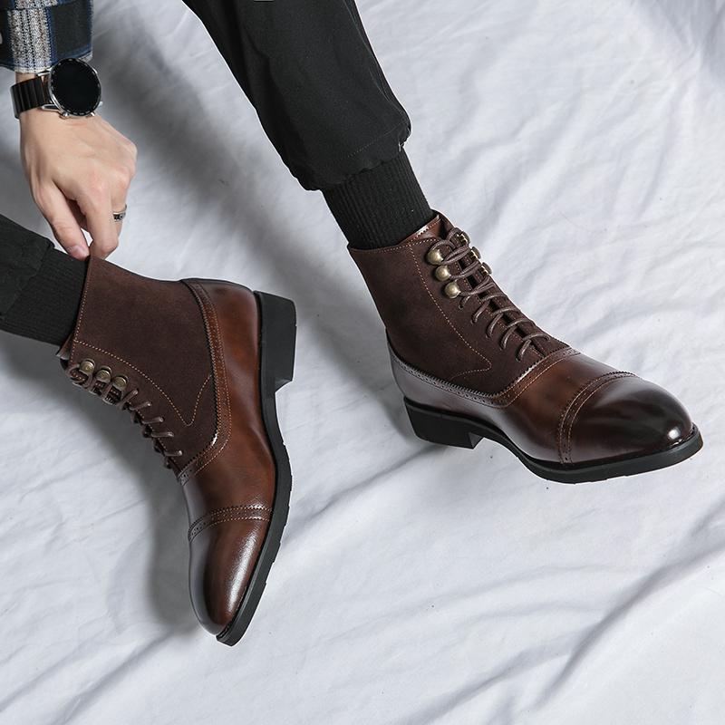 New Mens Fashion Leather Boots Classic for Men Motorcycle Boots Male Pointed Toe Comfortable Walking Shoe Lace-Up Men's Boots