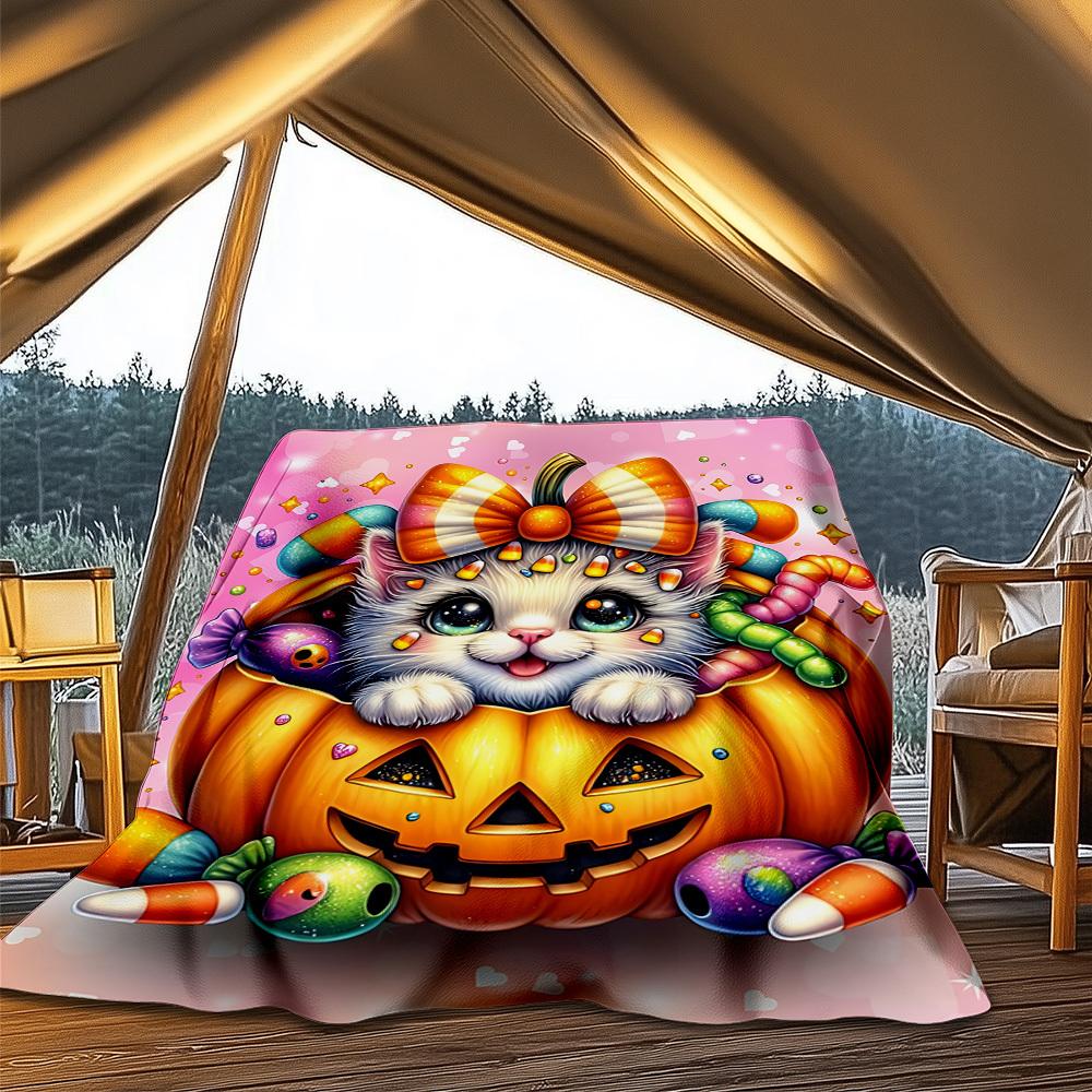 1pc Pumpkin Cat Candy Throw Blanket Polyester Fiber, Lightweight Flannel, Soft & Warm, All Season Use for Outdoor, Camping Digital Print