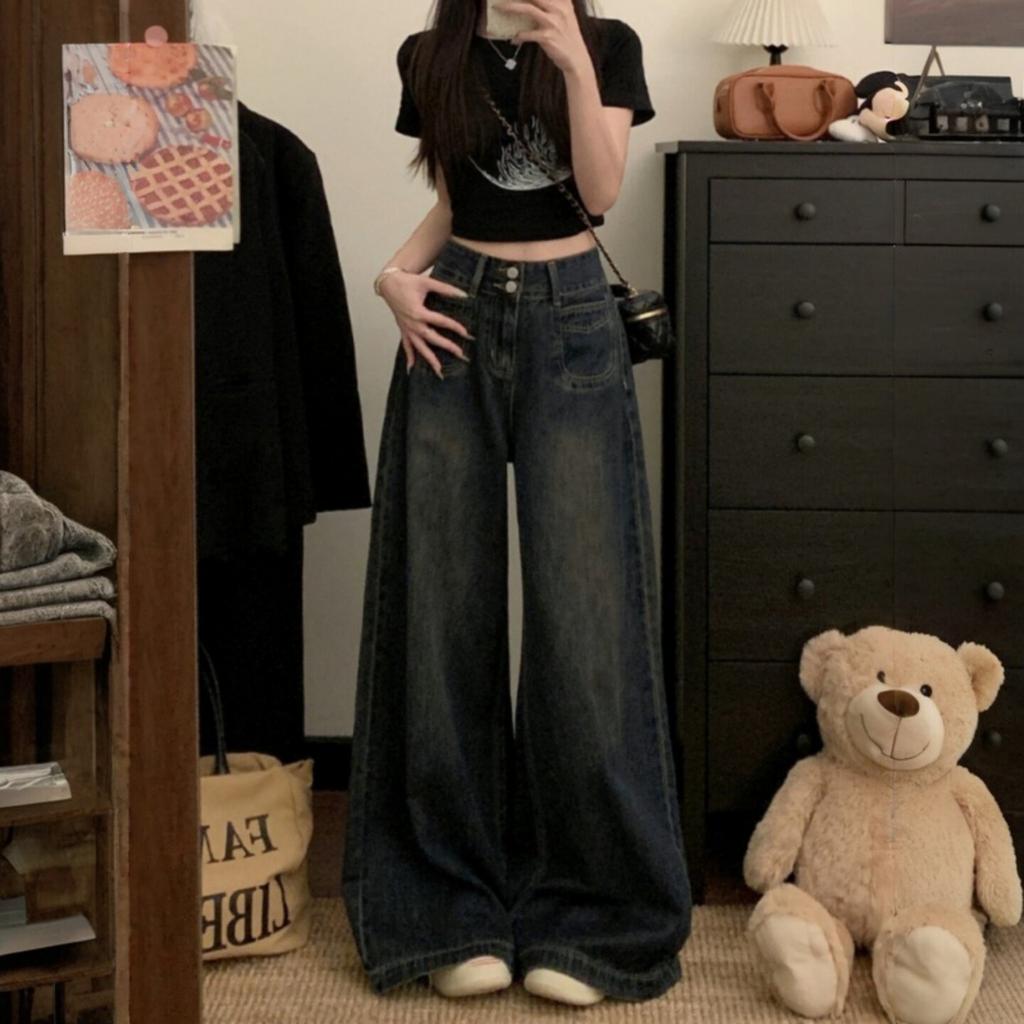 Cement gray American wide-leg jeans women's clothing 2026 autumn and winter loose high waist loose and thin large size floor pants