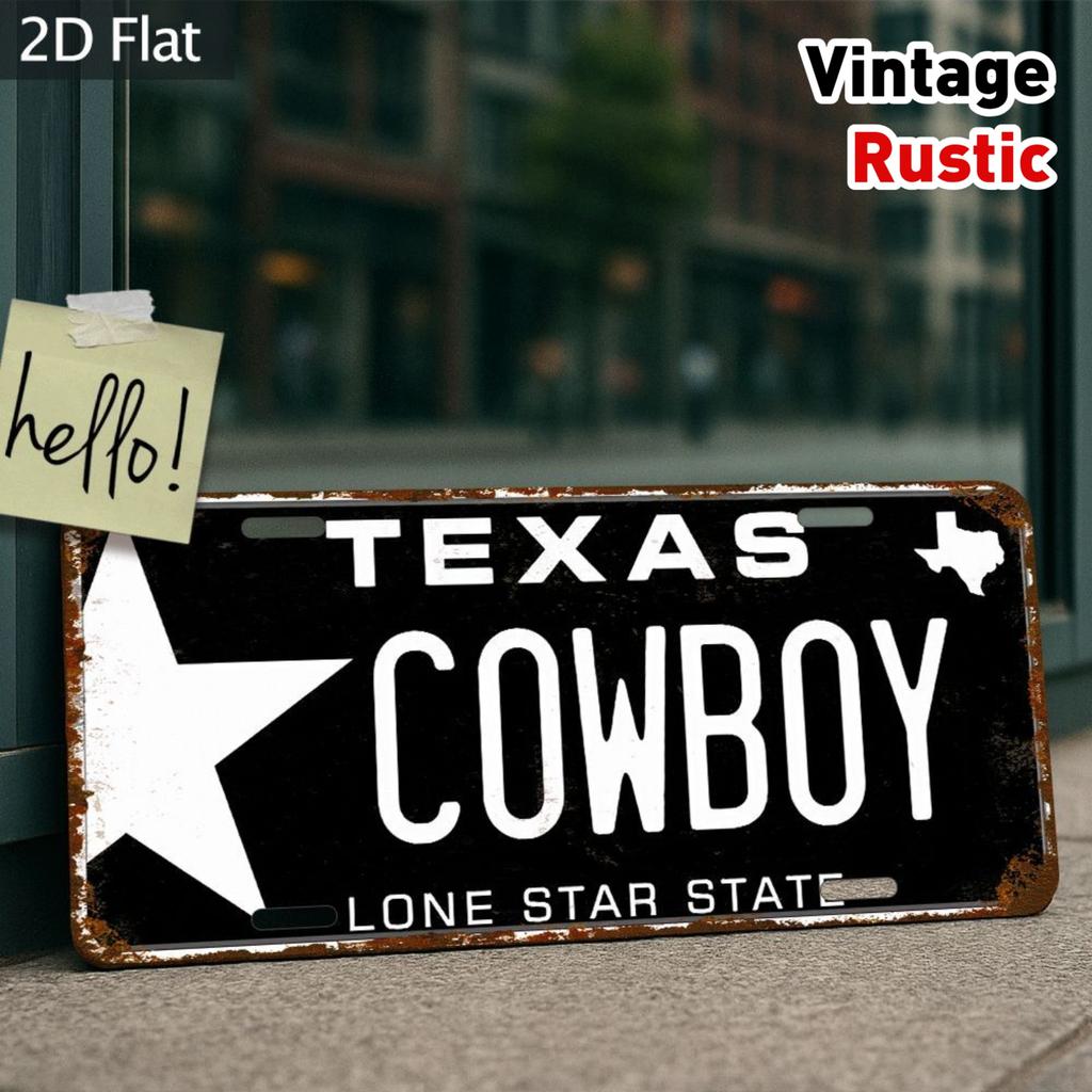 D Flat Texas Cowboy Retro Metal Sign x cm Vintage Wall Art with Distressed Finish Rustic Western Home Bar Deco