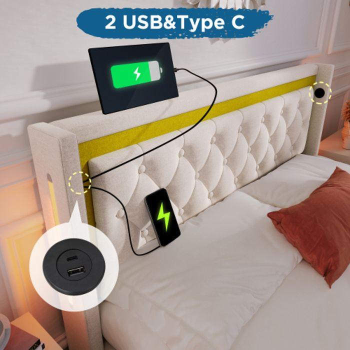 Lit - MUVOE - 160x200 - Rembourré Avec Tête De Lit - Chargeur USB Type C - Design LED Moderne