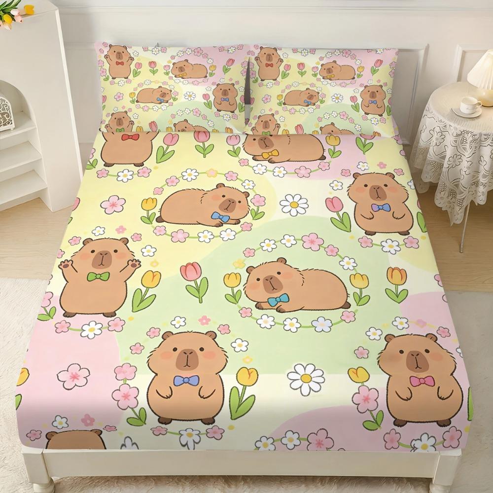 Cute Capybara Microfiber Fitted Sheet Set With Pillowcase For Twin Full Queen Bed Boys Girls Gift