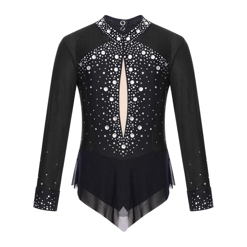 Девочки Блестящий Стразы Гимнастический Купальник Color Block Прозрачная Сетчатая Вставка Юбка Боди Фигурное Катание Танцы Гимнастика