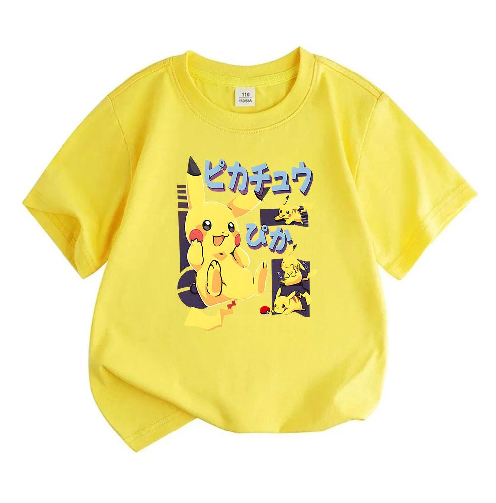 Kids Boys Girls 100% Cotton Crew Neck Short Sleeve T-Shirt, Cute Yellow Electric Mouse Cartoon Print Casual Comfortable Summer Tee for Toddlers Childr