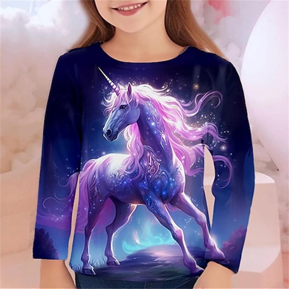 Одежда для девочек Футболки с рисунком лошади Детский топ с длинным рукавом 2024 года Летняя детская футболка для девочек Детская одежда Футболки для девочек