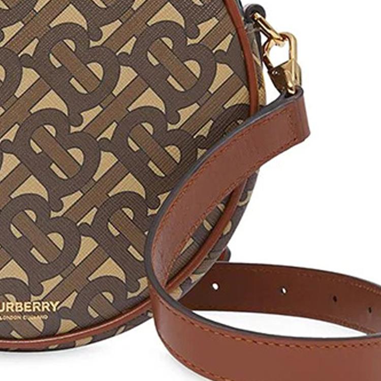 Burberry TB Monogram Round Canvas Crossbody Bag With Brown Leather Trim & Gold Hardware For Daily Use