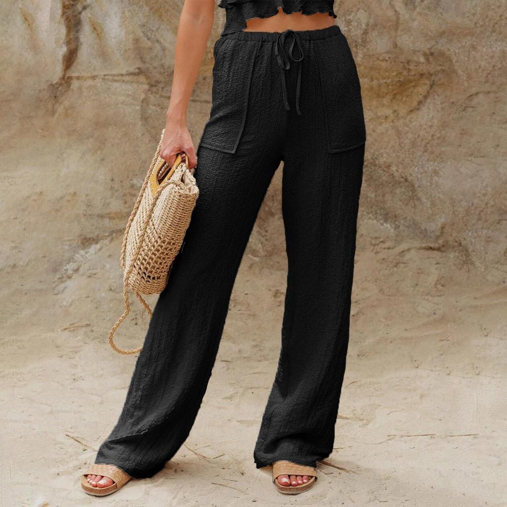 Женские модные однотонные повседневные брюки с высокой талией и эластичным поясом на карманах