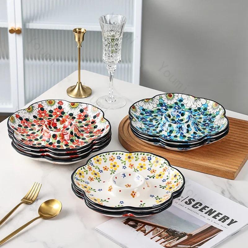Тарелка для суши в стиле ретро с цветами Творческая домашняя фруктовая тарелка Вкусные блюда Керамические тарелки Легкая роскошная китайская посуда для пельменей