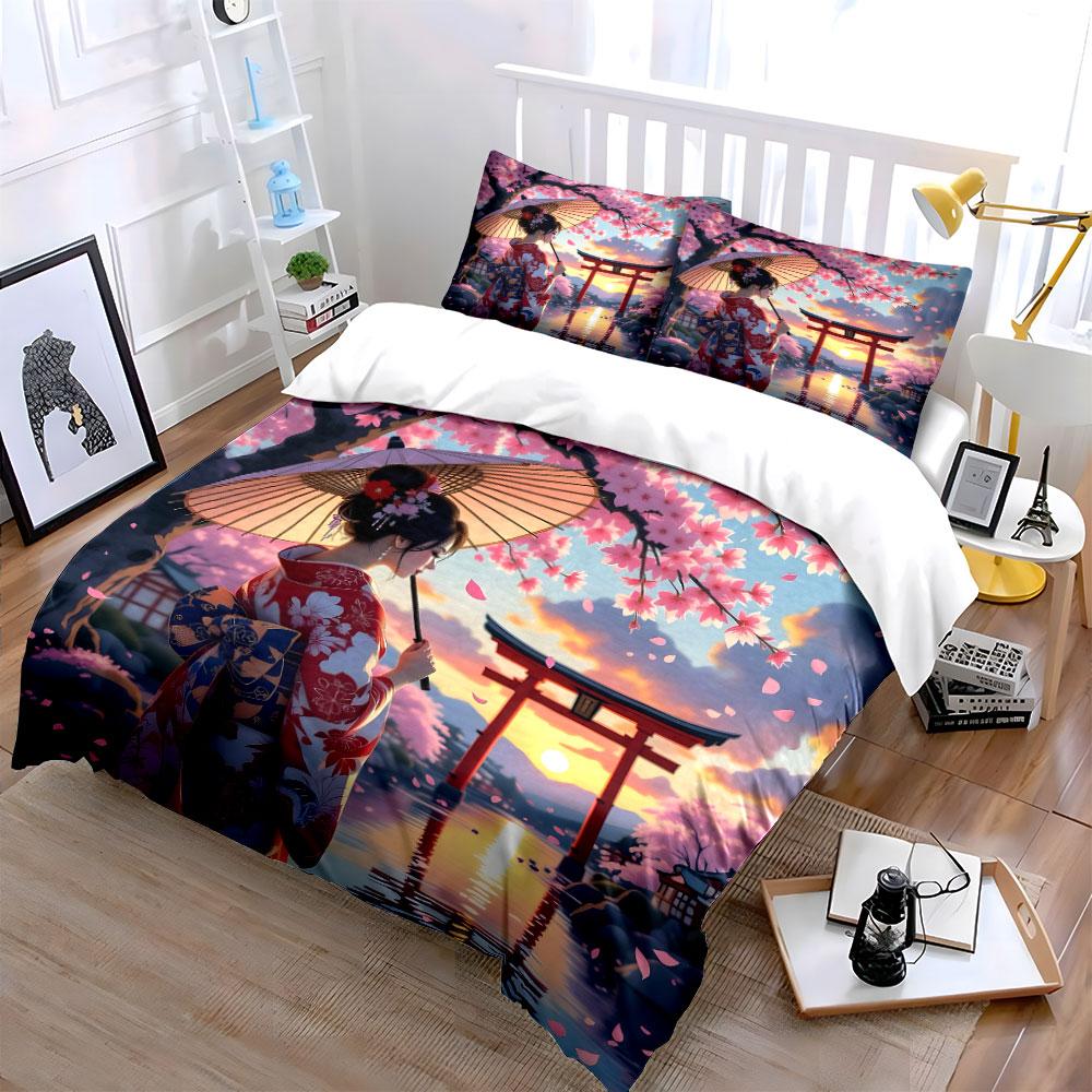 Cherry Blossom Geisha Design Bedding Duvet Cover Set (1*Duvet Cover 2*Pillowcases, without duvet insert)