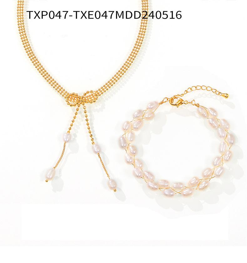 New Elegant Temperament Freshwater Pearl Bracelet Copper Plated 18K Real Gold Necklace Set