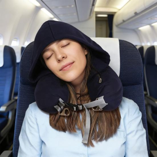 Luggage Pillow Self-Filling Travel Neck Pillow with Adjustable Size Shoulder Straps Refillable Hooded Design Packing Pillow Portable Travel Accessory