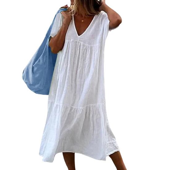 Женское летнее платье Свободное лоскутное плиссированное трапециевидное платье сплошного цвета с V-образным вырезом и короткими рукавами до середины икры Повседневная повседневная одежда Платье миди