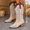 Fashion Retro 2025 Plus Size Women's New Embroidered Mid-leg Boots