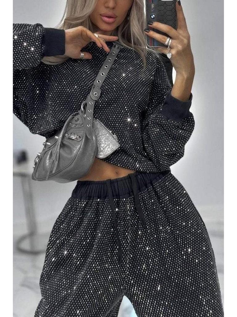 2024 Европейский и американский осенне-зимний женский повседневный комплект с круглым вырезом, длинными рукавами, горячей фиксацией, кулиской и манжетами на щиколотках