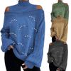 Asual Off Shoulder Long Sleeved Loose Knit High Neck Nail Bead Sweater New Fashionable Women'S Clothing