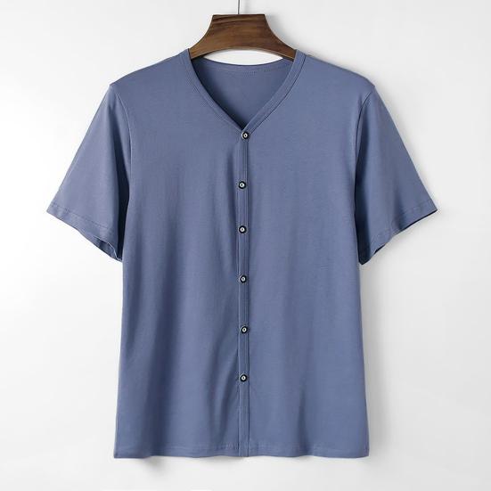 Men Button Down T-shirt Solid Color V-Neck Short Sleeve Tee Shirt Summer Casual